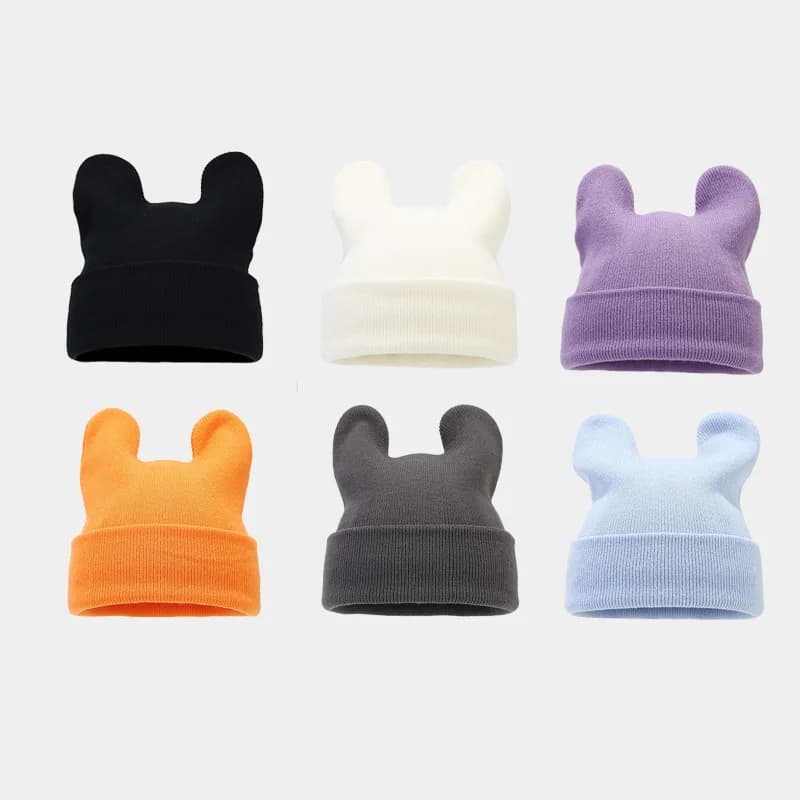Cappello lavorato a maglia tinta unita con orecchie Cappello pullover in filato di cartone animato carino alla moda Cappello caldo autunnale e invernale