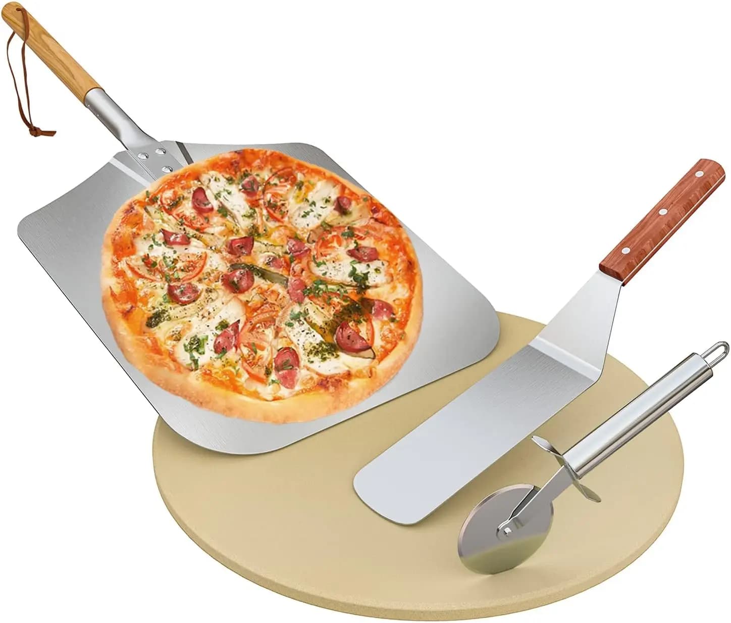 Set di pietre per pizza rotonde per forno e grill con pietra da forno, buccia, pala e taglierina - Ideale per pizza e pane croccanti