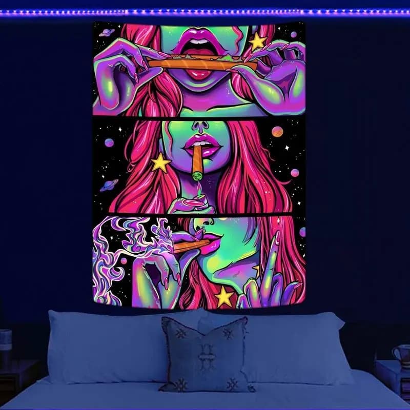 VIKAMA Split Panel Girl Tapestry Psychedelic Neon UV Blacklight Hippie Wall Hanging for Bedroom Dorm Wall Decor