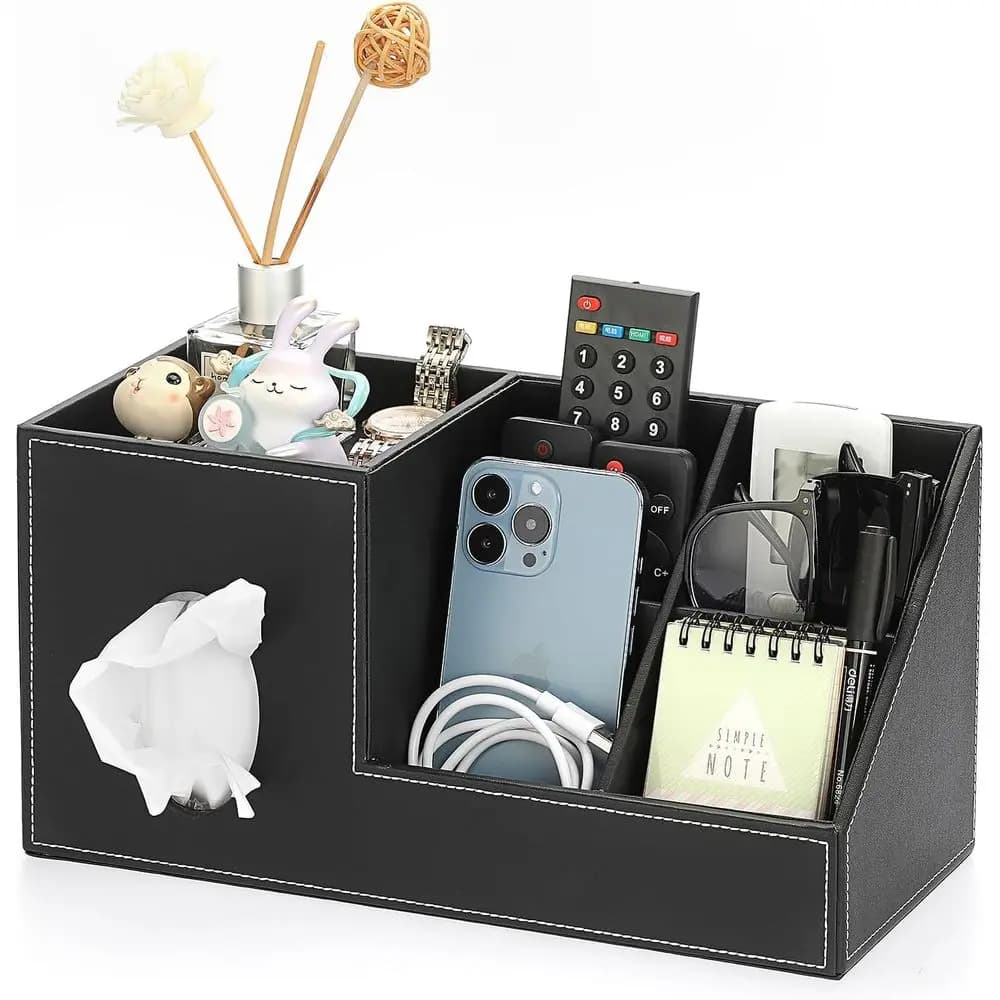 Leather square handkerchief covers with holders, stylish organizer for home and office, black