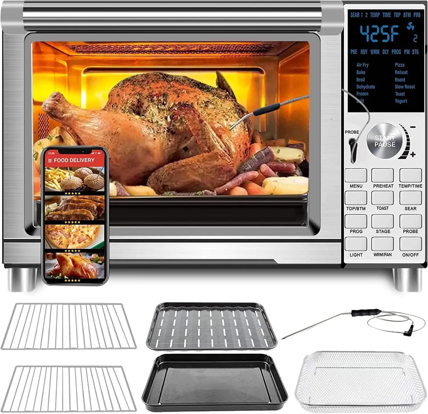 Oven toaster Bravo Air Fryer, intelligent convection 12 in 1, 30QT XL, 50-500 ° F, double heating, brushed stainless steel (innovated)