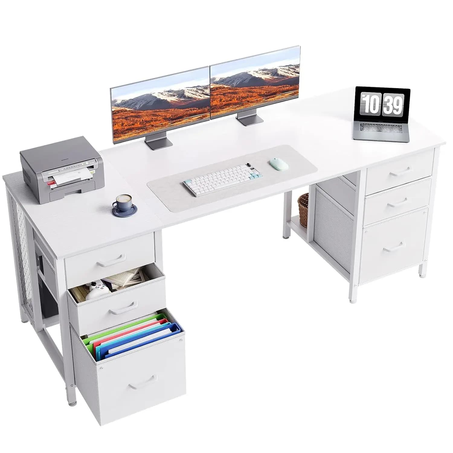 63" Computer Desk with 6 Fabric Drawers & File Cabinet, White Office Writing Table with Storage for Study & Gaming, Customized