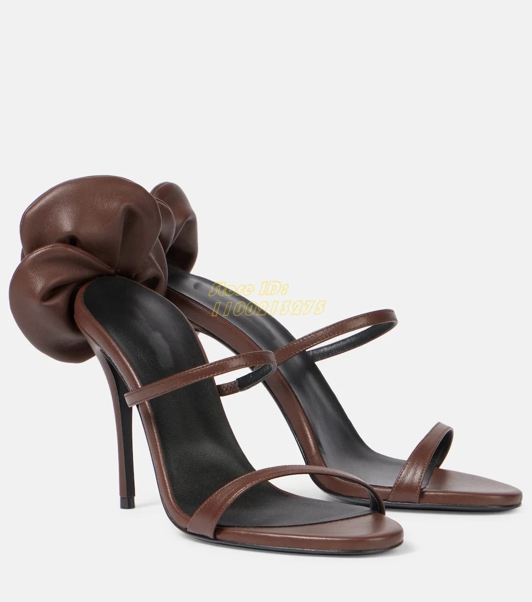 Slippers with floral decorations brown leather Round Toe Slim heel Fashion 2025 Women's summer slides Slip On Fashionable shoes