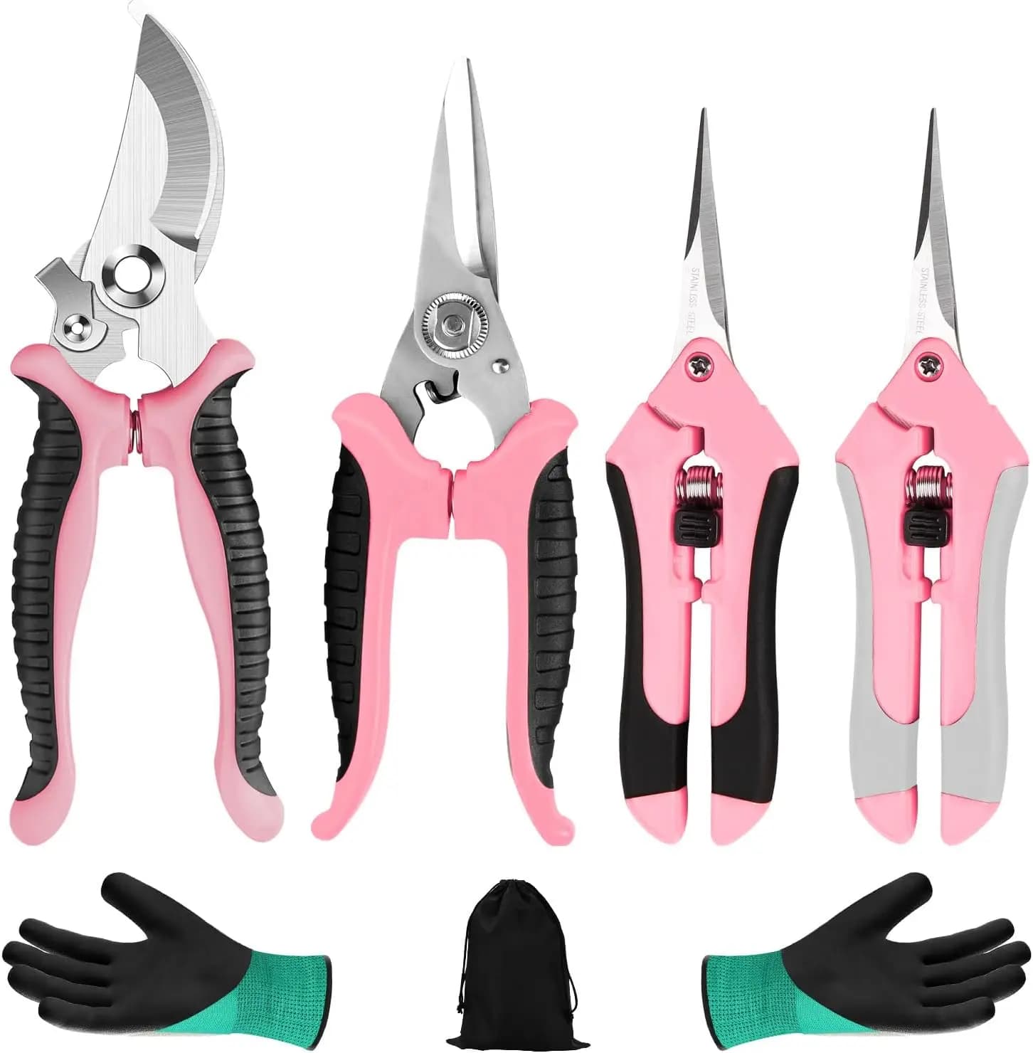 Set of 4 Power Scissors with Stainless Steel Blades and Pink Gloves, Set of Manual Shears