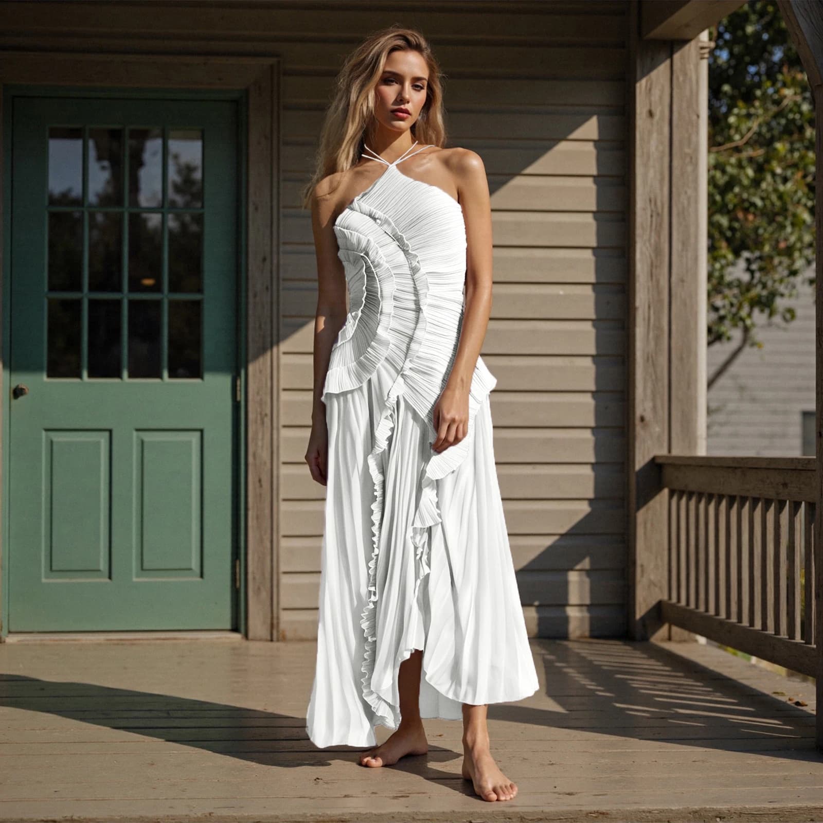 Abito da donna con volant all'americana di nuova moda senza maniche tinta unita abito lungo fluido abito estivo a trapezio vendita calda S-XL