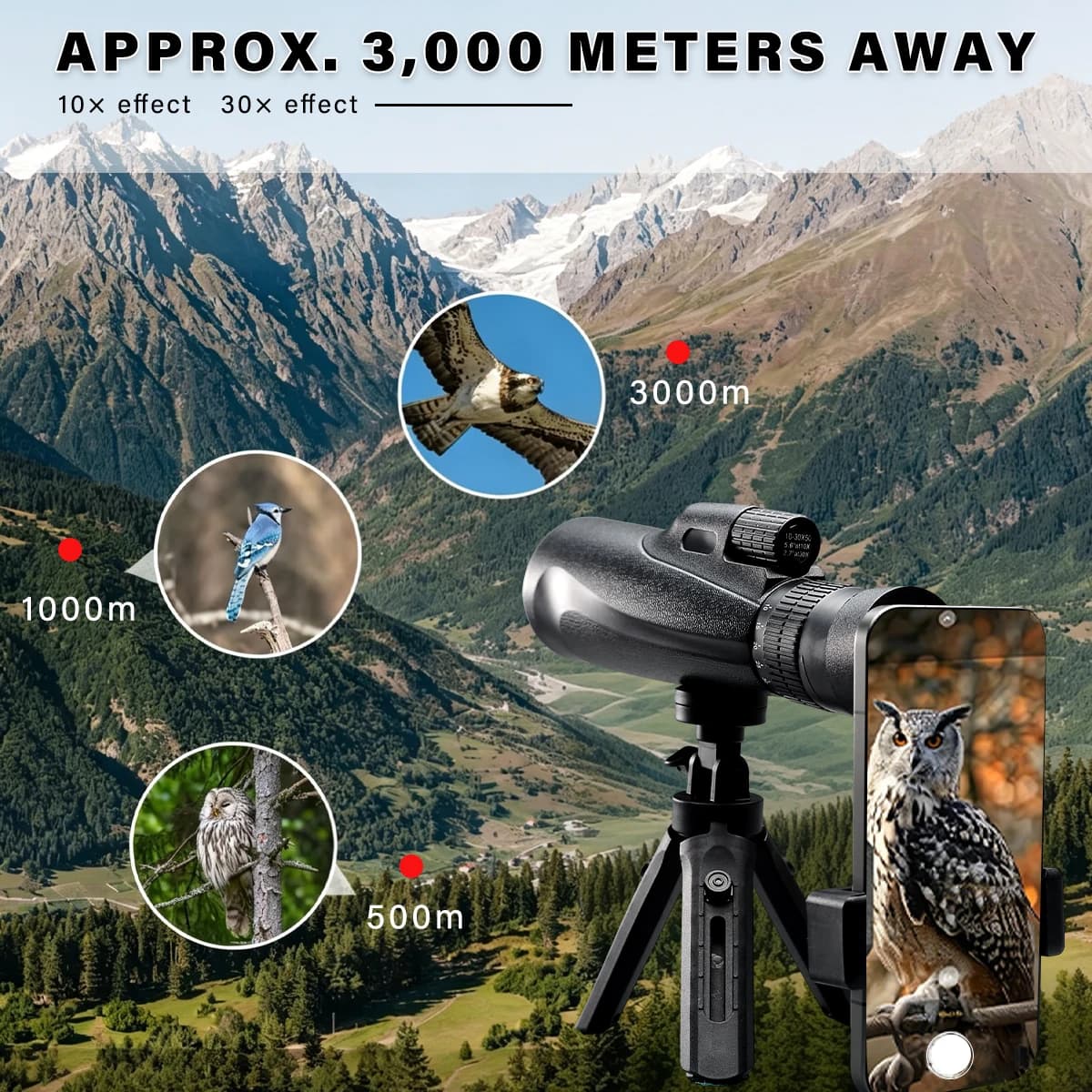 Monocolo con Zoom 10-30x50, Prisma Bak4, Ottica HD, Potente Visione Notturna, Impermeabile per Campeggio