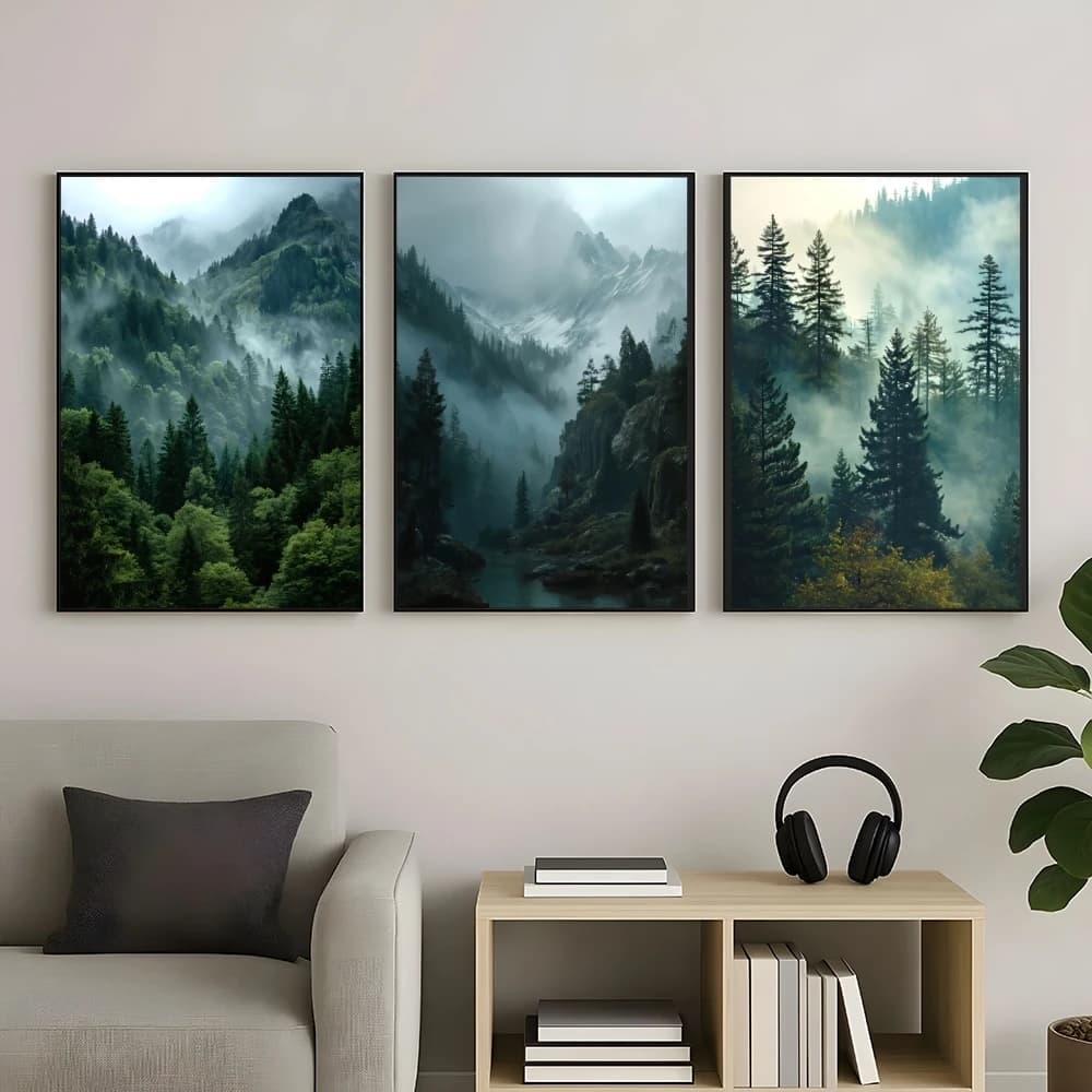 Misty Mountainside Painting Calligraphy Frameless Canvas Posters Set Wrinkle-Free Wall Art Inkjet Printing Home Decor