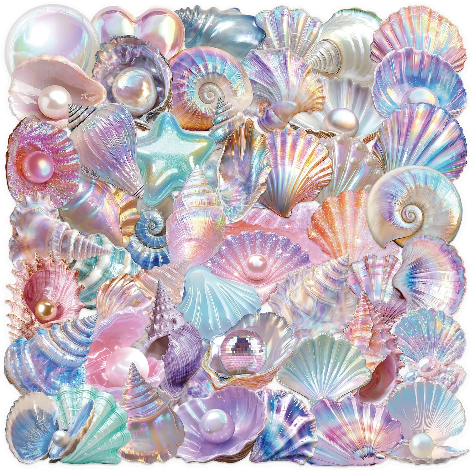 50 pezzi di cartone animato Shell Graffiti PET adesivi Conchiglia perla decorativa fai da te per bambini ricompensa cancelleria notebook tazza d'acqua impermeabile