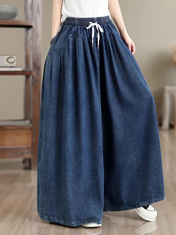 Retro Washed Denim Skirt Pants Loose Casual Dungarees Wide Leg Long Trousers plus Size Women's Jeans Casual Pants