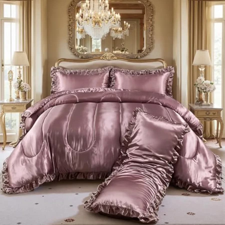 Set Copripiumino Effetto Seta, Set Biancheria da Letto in Raso 4 Pezzi, Morbido Set Letto in Poliestere Satinato, Lussuoso Copricuscino Effetto Seta con Volant