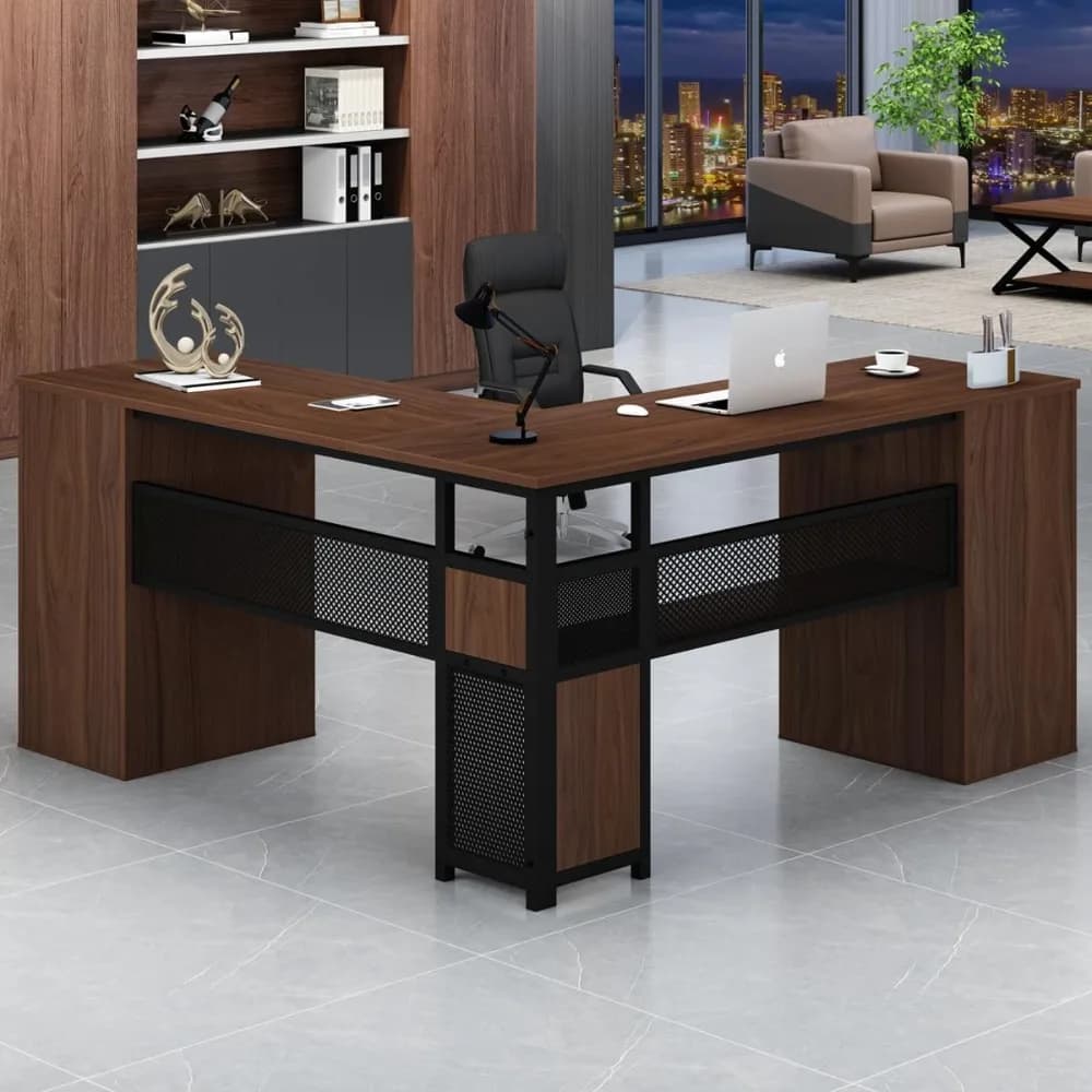 Grande scrivania direzionale a forma di L con cassetti, scrivania per computer in legno e metallo per ufficio domestico per lavoro, scrittura, studio, giochi, rustico a forma di L