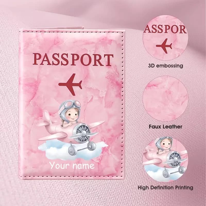 Personalized Custom Name Pink Dreamy Flight Theme Passport Holder, Cartoon Female Driving Airplane Pattern Design