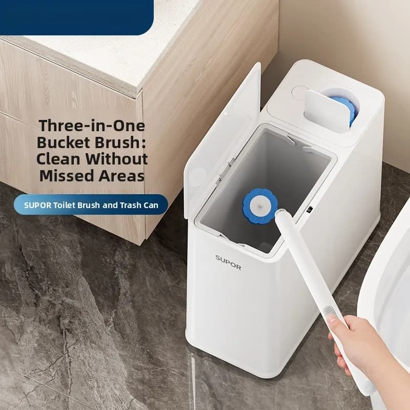 Spazzola per WC Supor con cestino integrato, design monouso, strumento per la pulizia domestica del bagno, tipo a pressione rettangolare