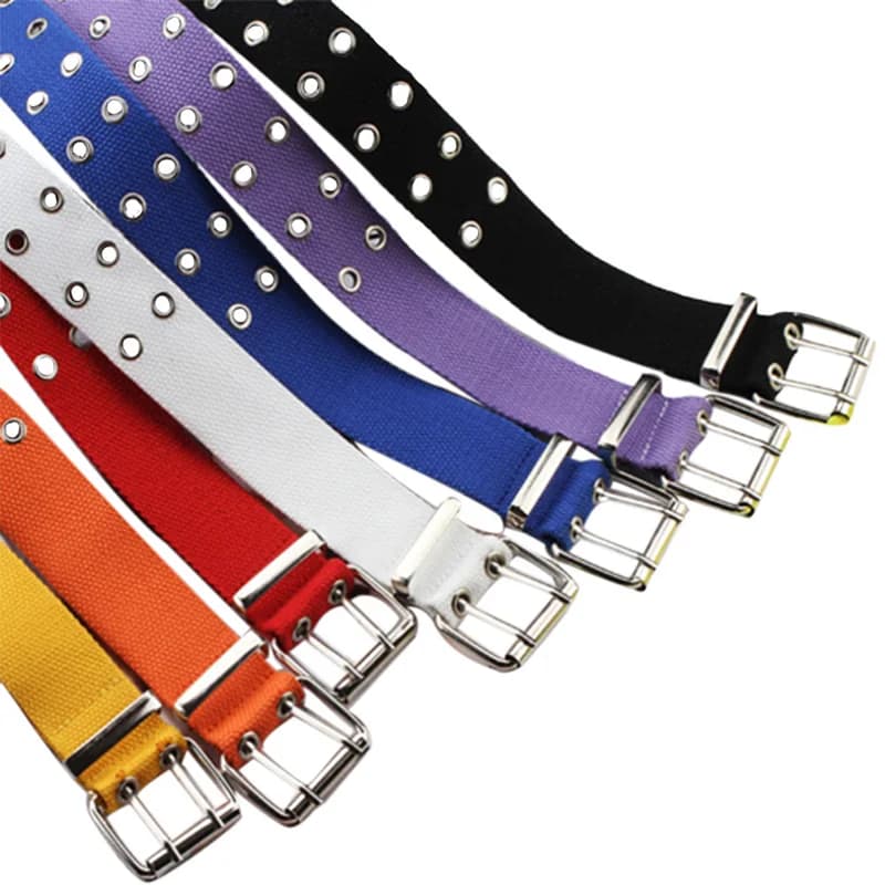 Women Studded Grommet Hole 2 Row Pin Buckle Canvas Nylon Belt Waistband 105cm