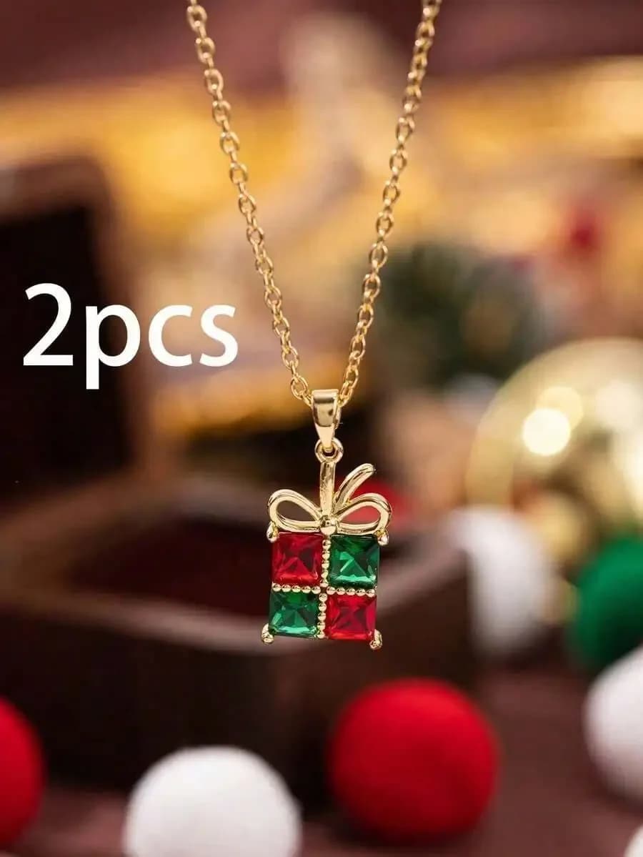 Gift Box Pendant Necklace For Women, Christmas Party Jewelry Accessory