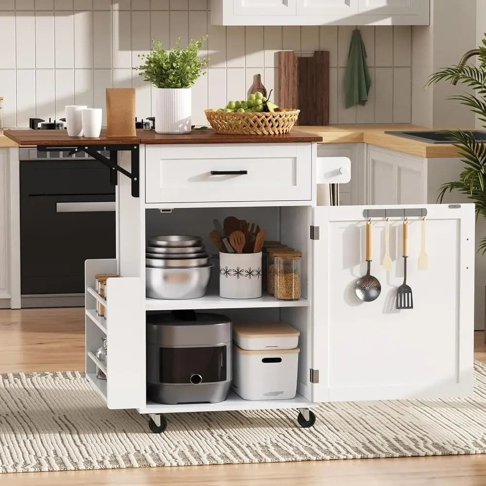 Carrello da Cucina Compatto con Ripiano Ribaltabile, Isola Cucina con Ripiano Aperto, Cassetto e Portasciugamani, Carrello Funzionale con Ruote Girevoli