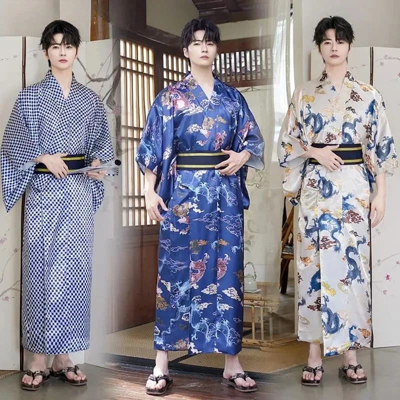 Kimono men's print Kimono traditional Japanese samurai for men Yukata Bathrobe Hekoobi Cardigan loose long dress formal retro