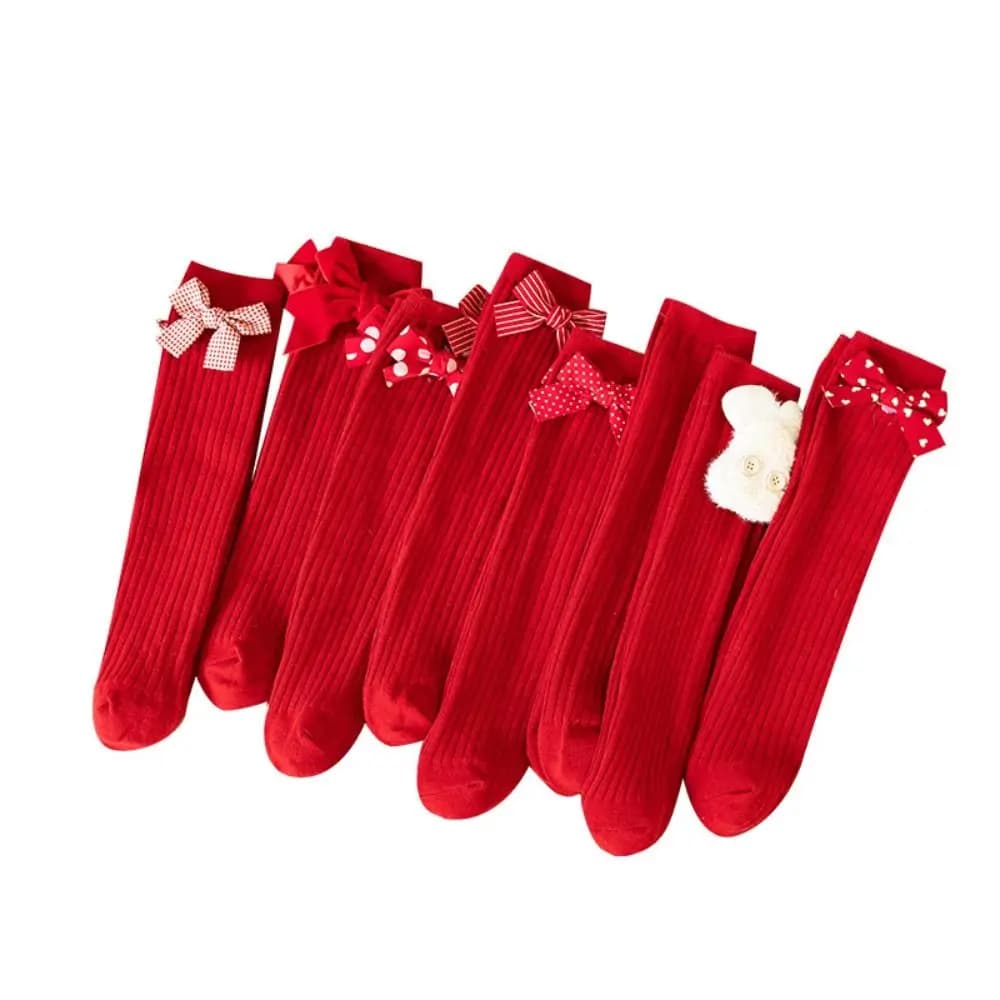 New Cotton Girls' Long Socks Red Stretch Mid-Length Socken Bow Ribbon Children's Semi-High Socking New Year
