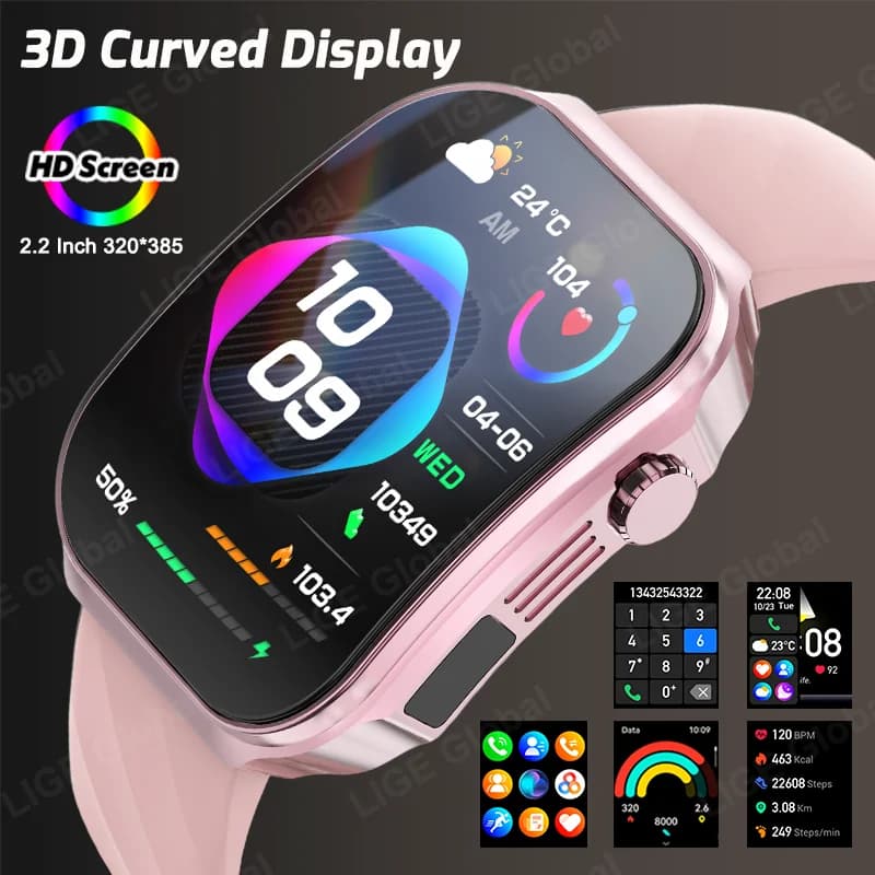 LIGE Nuovo Smartwatch da Donna con Schermo Curvo 2.2" HD Touch Screen, Misurazione Temperatura Corporea, Chiamate Vocali Bluetooth, Smartwatch Fitness da Uomo