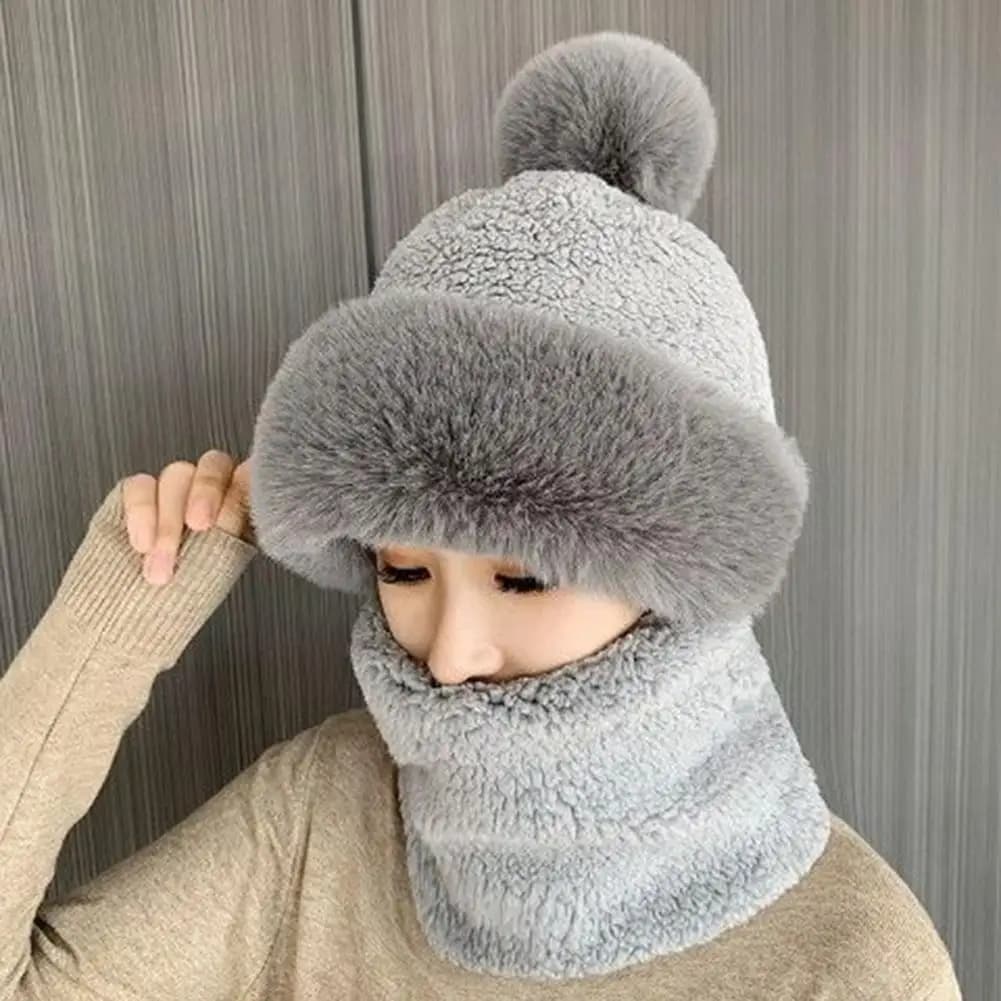 Berretto invernale Cappello invernale elastico con copertura del viso Sciarpa invernale antivento Set con cappuccio Morbido peluche Calore Cappello da donna Sci all'aperto