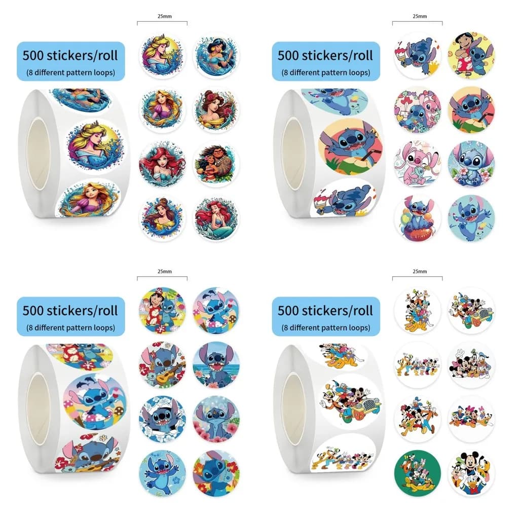 500 Pcs/Roll Disney Series Stickers - Cute Cartoon Decals for Notebooks, Gift Wrapping & Decor