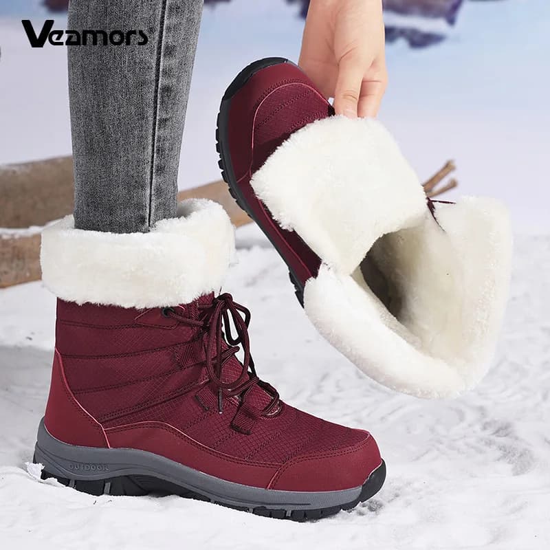 Women Winter Snow Boots Plush Lace Up Mid Calf Boots Thick Sole Warm Cotton Shoes Outdoor Hiking Sneakers Non Slip