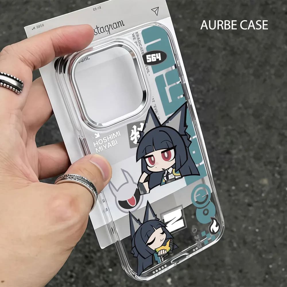 Custodia Aurbe per iPhone 17 16 15 14 Pro Max 16E con cornice lente argentata e scocca trasparente Zenless Zone Zero Miyabi Hoshimi