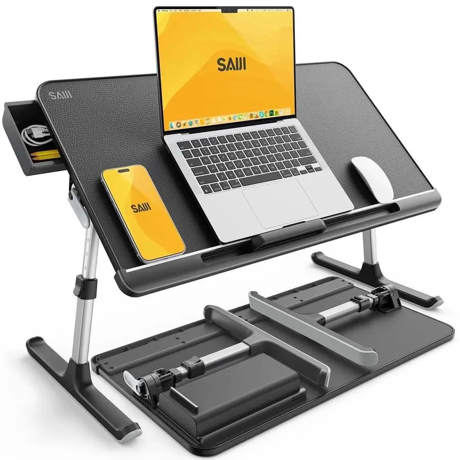 Laptop Bed Table, Adjustable PVC Leather Table for Bed, Portable Desk with Storage Box, Foldable Table for Tablet