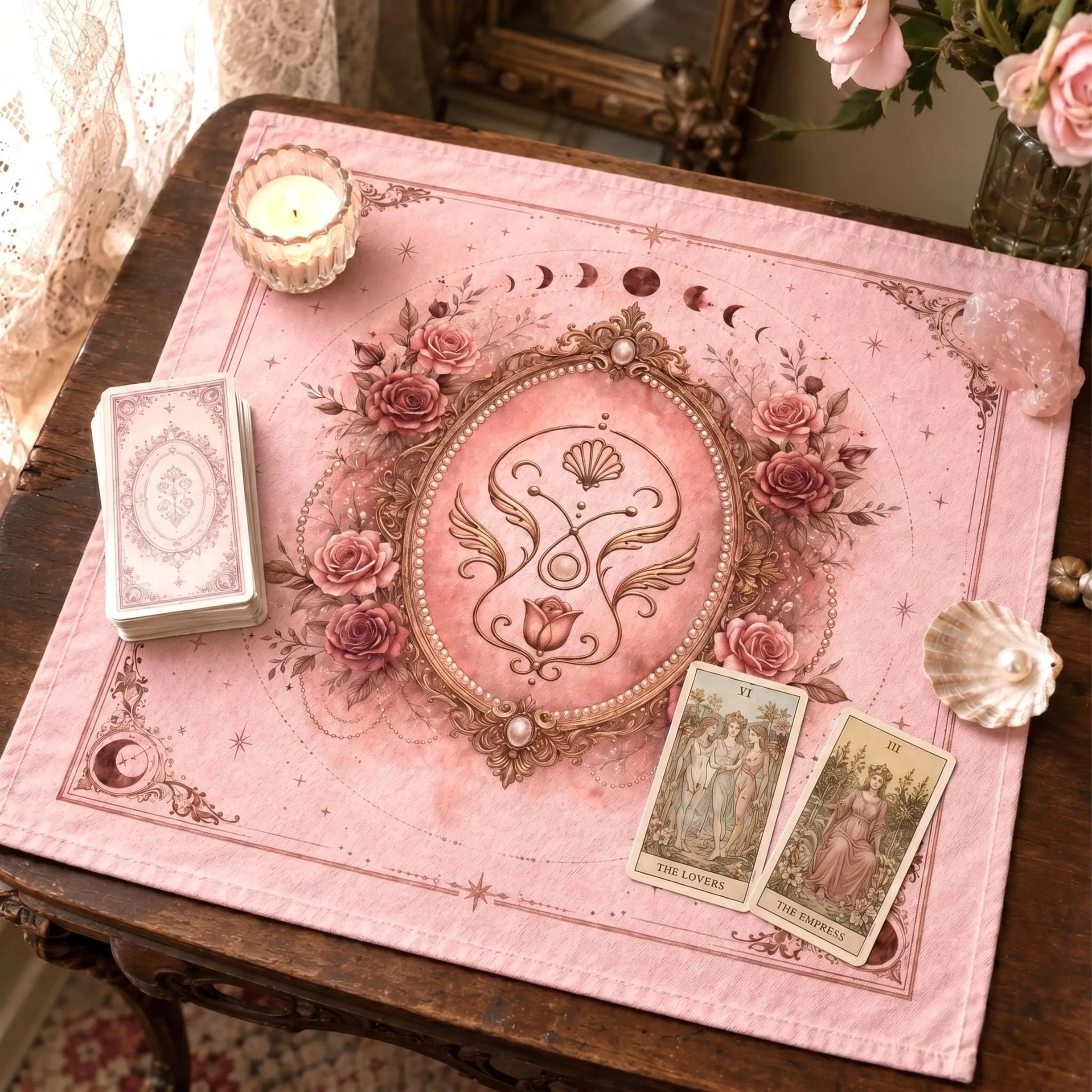 1pc Aphrodite Goddess Tarot Altar Cloth Venus Symbol Rose Moon Phase Tarot Altar Cloth for Oracle Card Reading