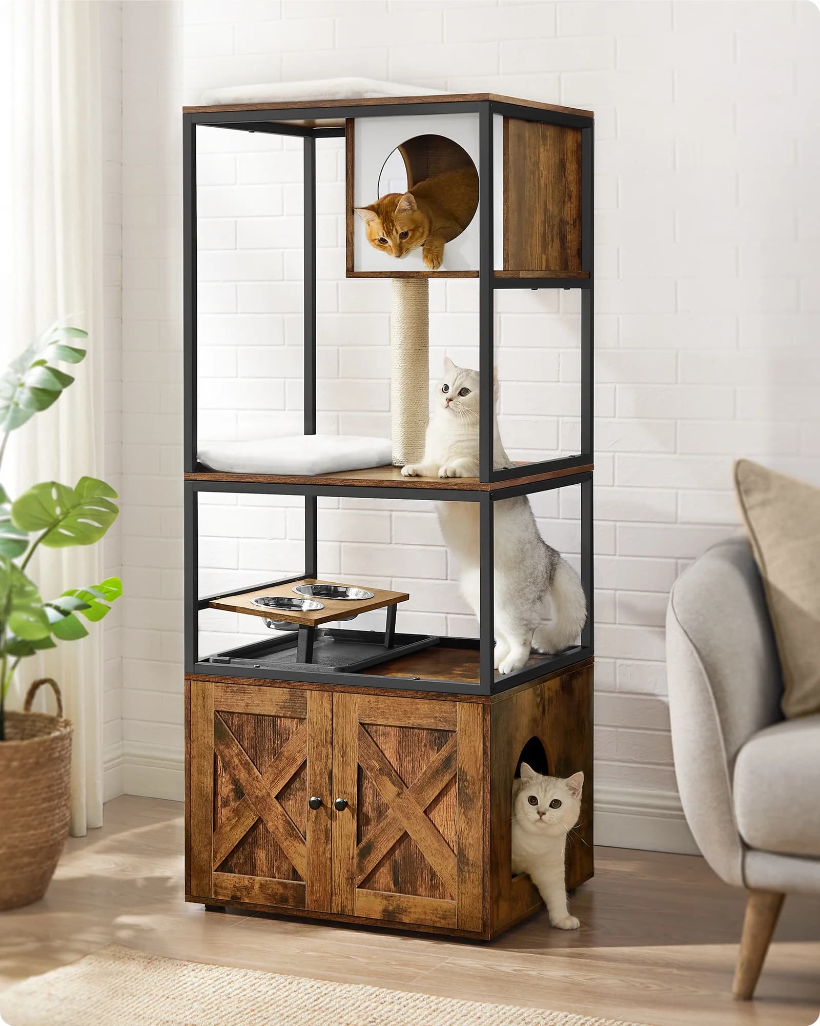 # Mobili per case per gatti in stile legno 3 in 1 all'ingrosso Torre per albero per gatti Condo con tiragraffi e custodia per lettiera