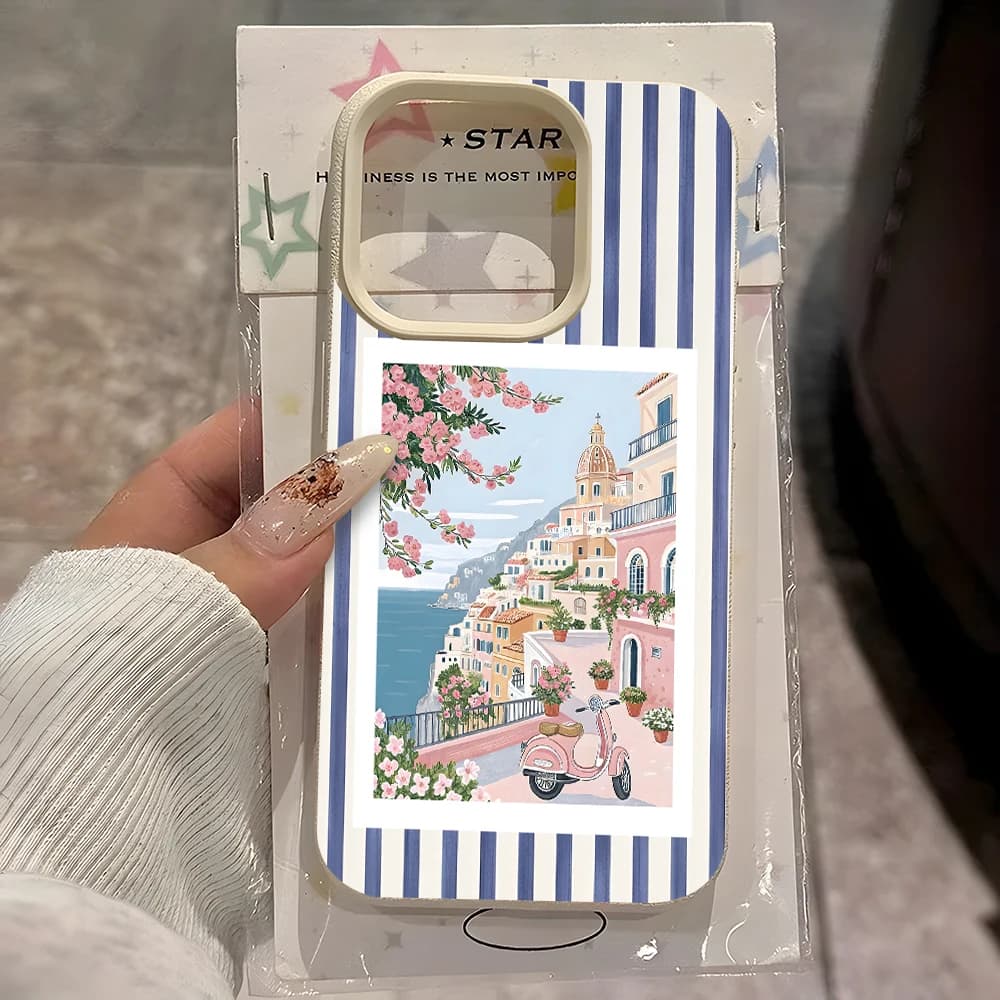 Amalfi Coast Town Pattern Phone Case For iPhone 17 11 12 13 14 15 16 Pro Max Air 14 15 Plus X Xs XR Lychee Soft Shockproof Cover