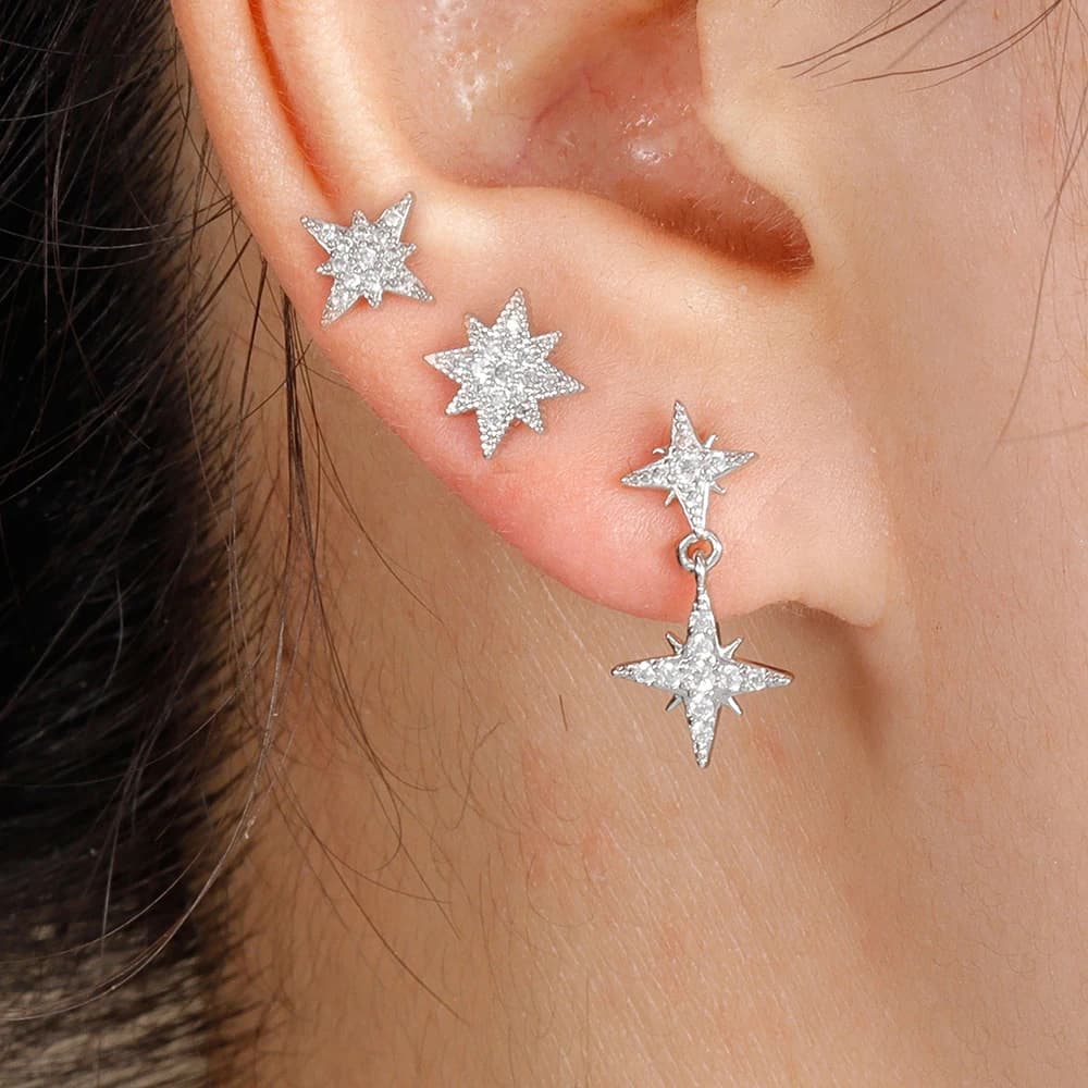 3PCS French Design Stainless Steel Zircon Star Stud Earrings Set For Women Helix Tragus Star Earring Cartilage Piercing Jewelry