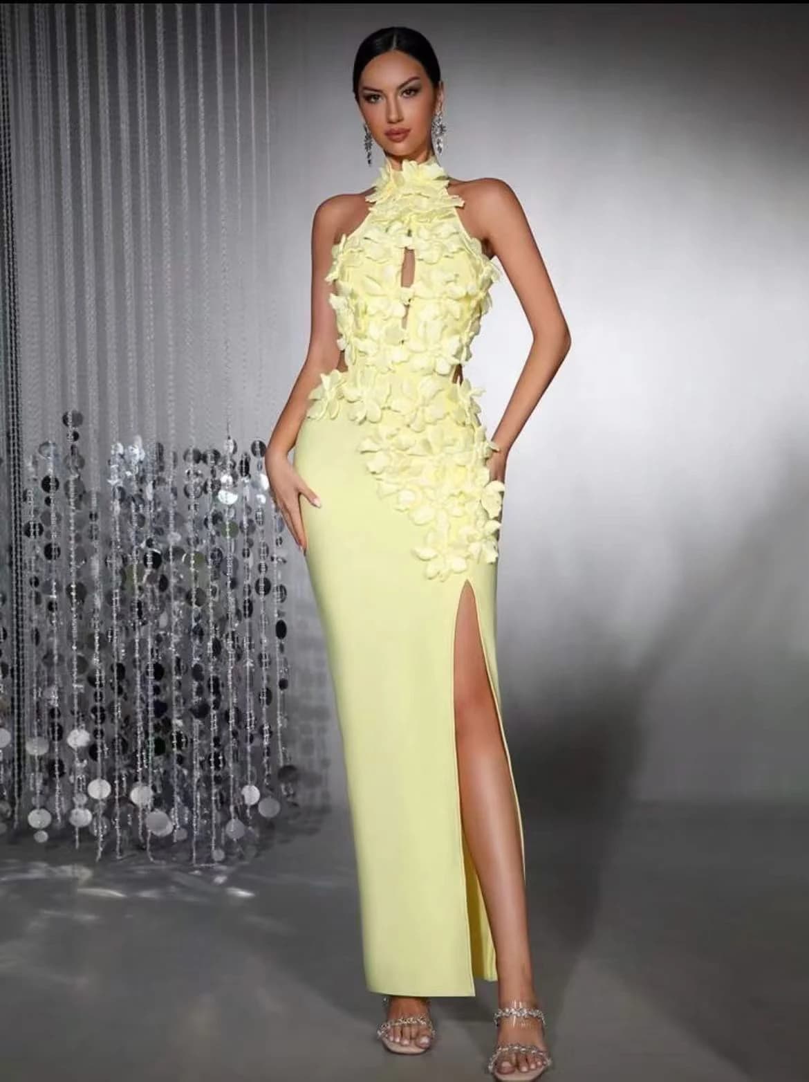 Nuovo abito a fascia sexy con fessure e decorazioni floreali, elegante e raffinato, stile socialite, abito da donna per feste e cene.