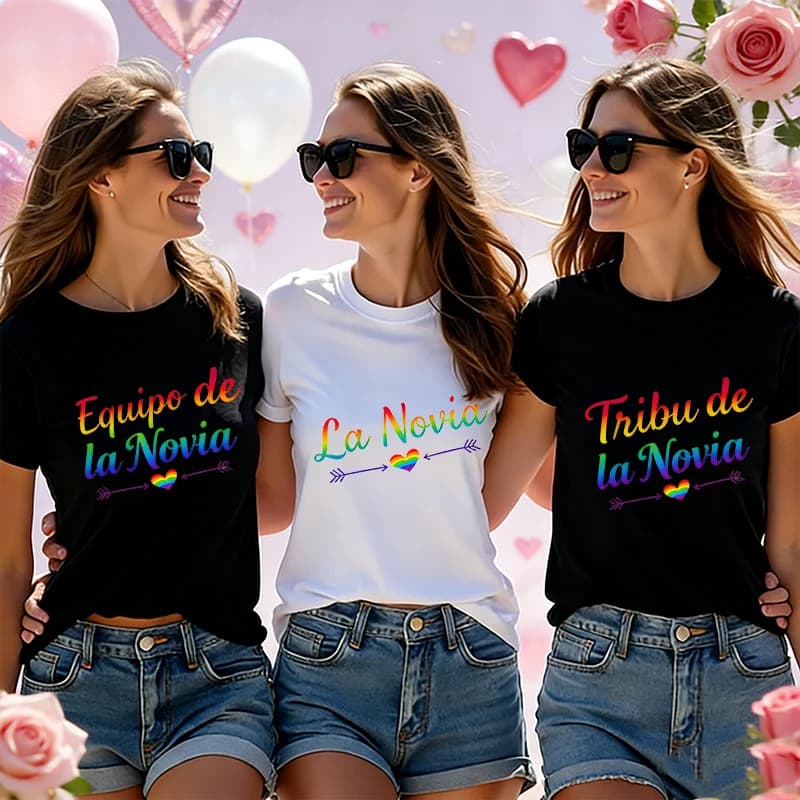 T-shirt della squadra spagnola Team Bride Tribe, magliette alla moda con grafica a forma di cuore arcobaleno, top a maniche corte per matrimoni e feste di addio al nubilato