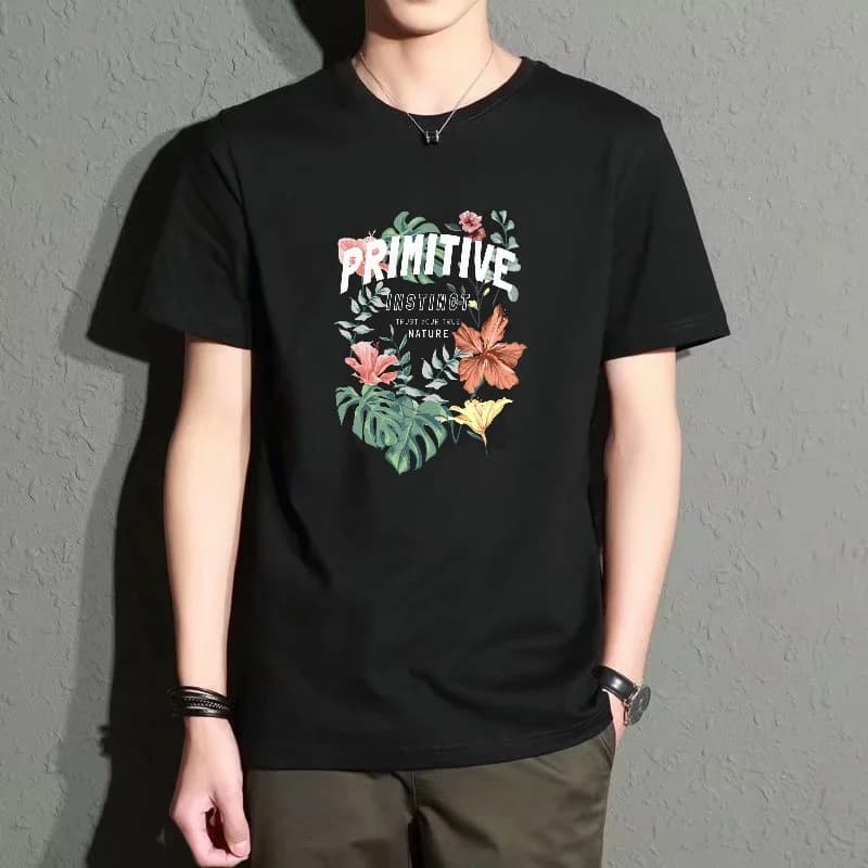 Men's Black Round-Neck Short-Sleeved T-Shirt with Plant and Floral Letter Print, Casual Street Style, Everyday Versatile, Comfortable, Breathable, Trendy Item