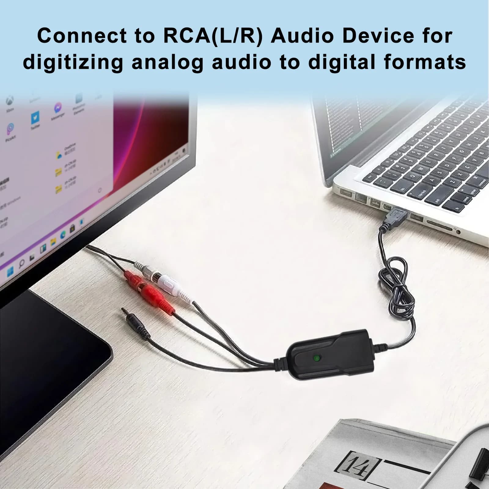 Scheda di acquisizione audio USB 2.0 Audio RCA L/R + audio da 3,5 mm a USB fino a 96 KHz Wave/MP3 per MD Tape Phono Lettore CD Laptop