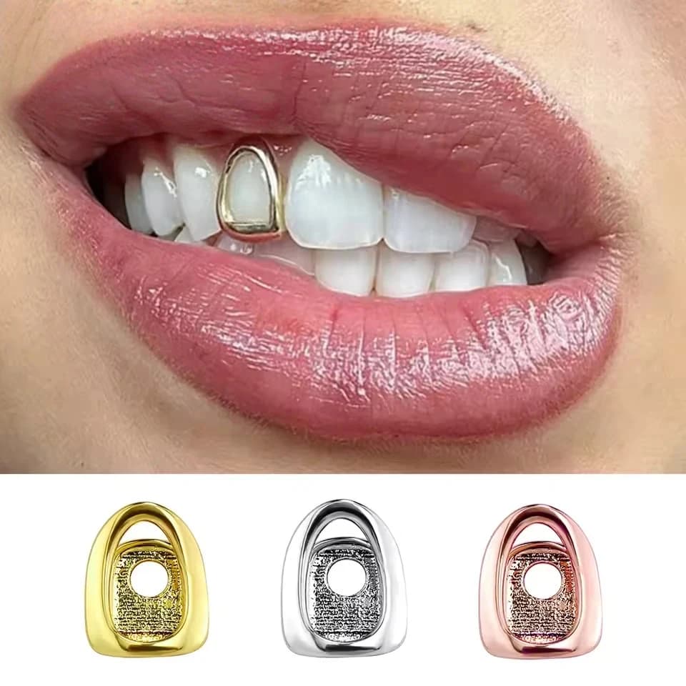 Rapper Hip Hop in metallo color oro Denti con grillo singolo Grillz Cap Top Bretelle dentali inferiori Scava fuori Gioielli per denti di personalità