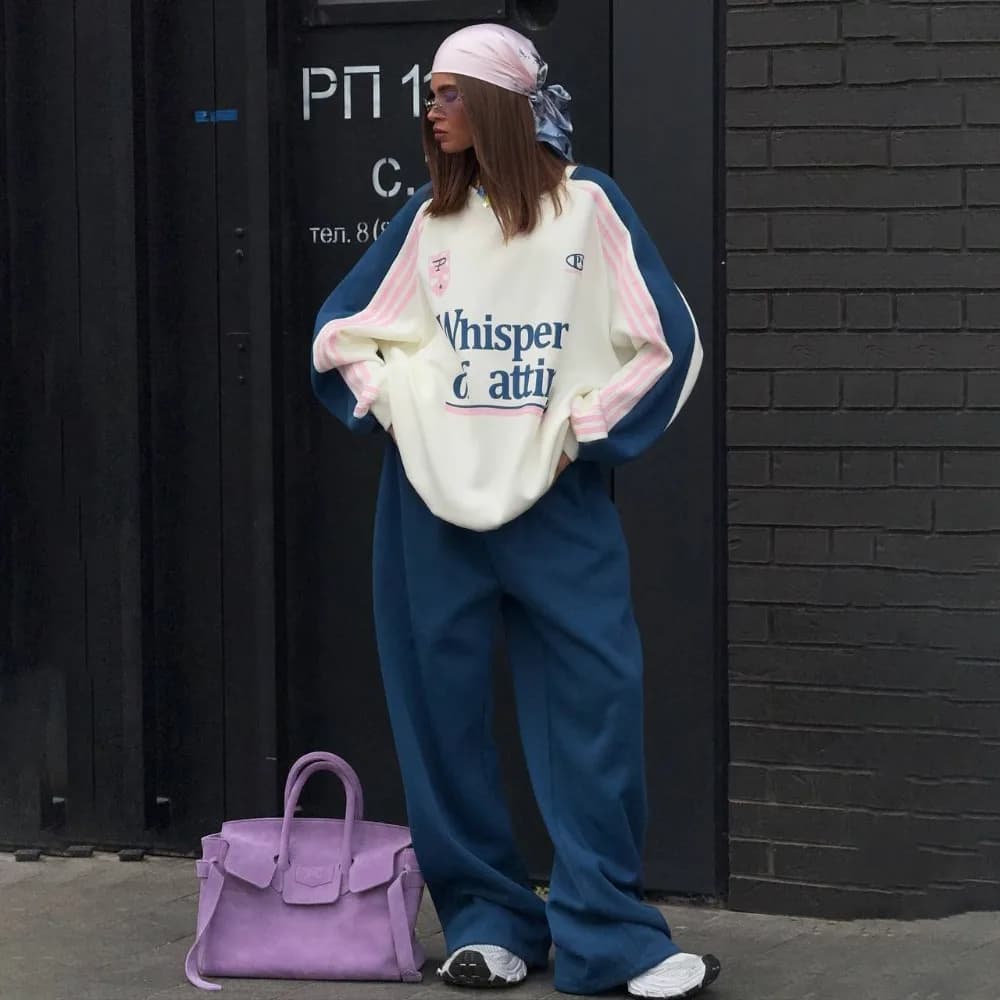 Sweatshirt with fashionable contrasting pants Autumn and Winter suit Woman Street Y2K Outdoor sports sweatshirt for home Wide leg pants 2 pieces
