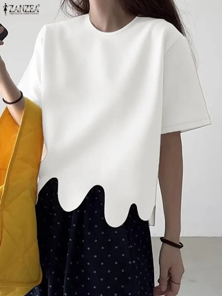 2025 ZANZEA Elegant Women's Summer Shirt Or Short Sleeve T-shirts And Shirts Elegant Solid OL Women's Workwear Irregular Hem Blusas Mujer