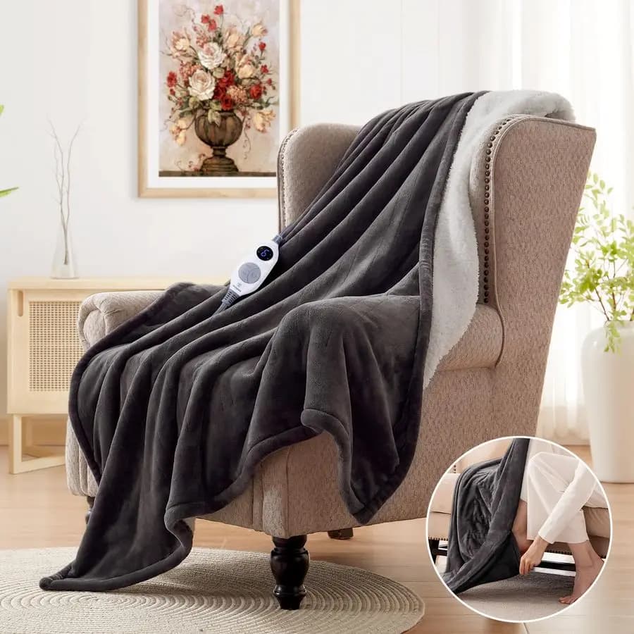Coperta elettrica con tasca per i piedi per adulti, morbida coperta riscaldante in flanella e sherpa con 6 livelli di riscaldamento e 210 ore di autonomia