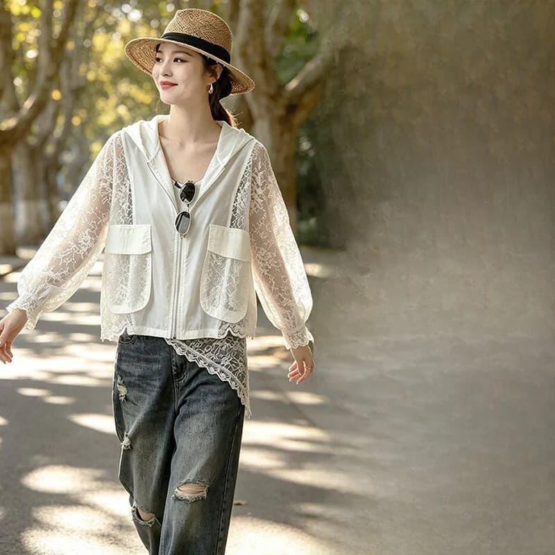 Lightweight Summer Women's Sun Protection Clothing Lace Splicing Thin Fashionable Stylish Sunscreen Clothes Long Sleeve Short...