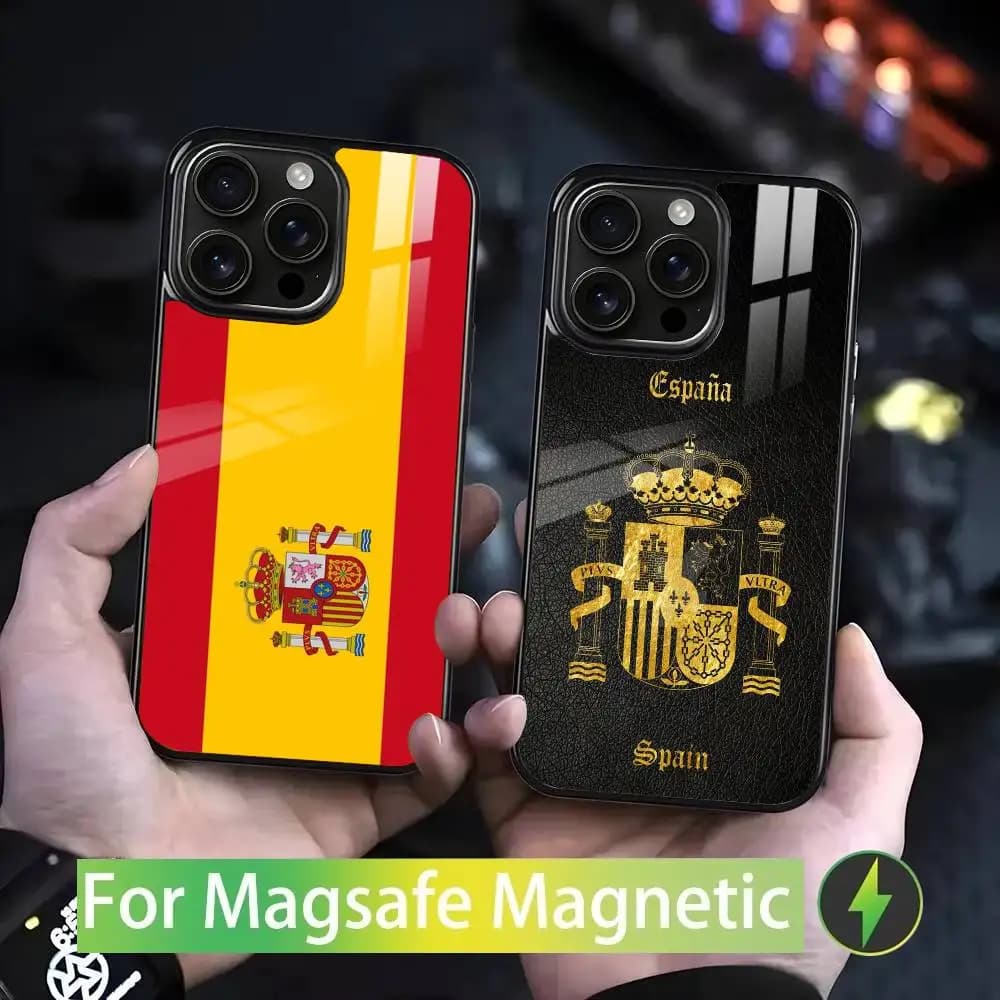 Cover per iPhone con Bandiera Spagnola per iPhone 17 16 15 14 13 12 11 Pro Max Plus Mini, Cover Magnetica Wireless Magsafe a Specchio