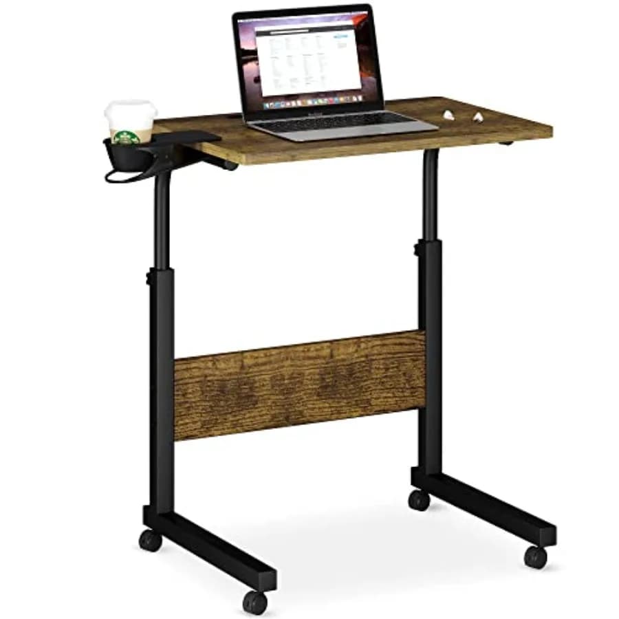 Home office standing desk with cup holder, walnut-finish engineered wood, height-adjustable mobile laptop stand on wheels, ergo