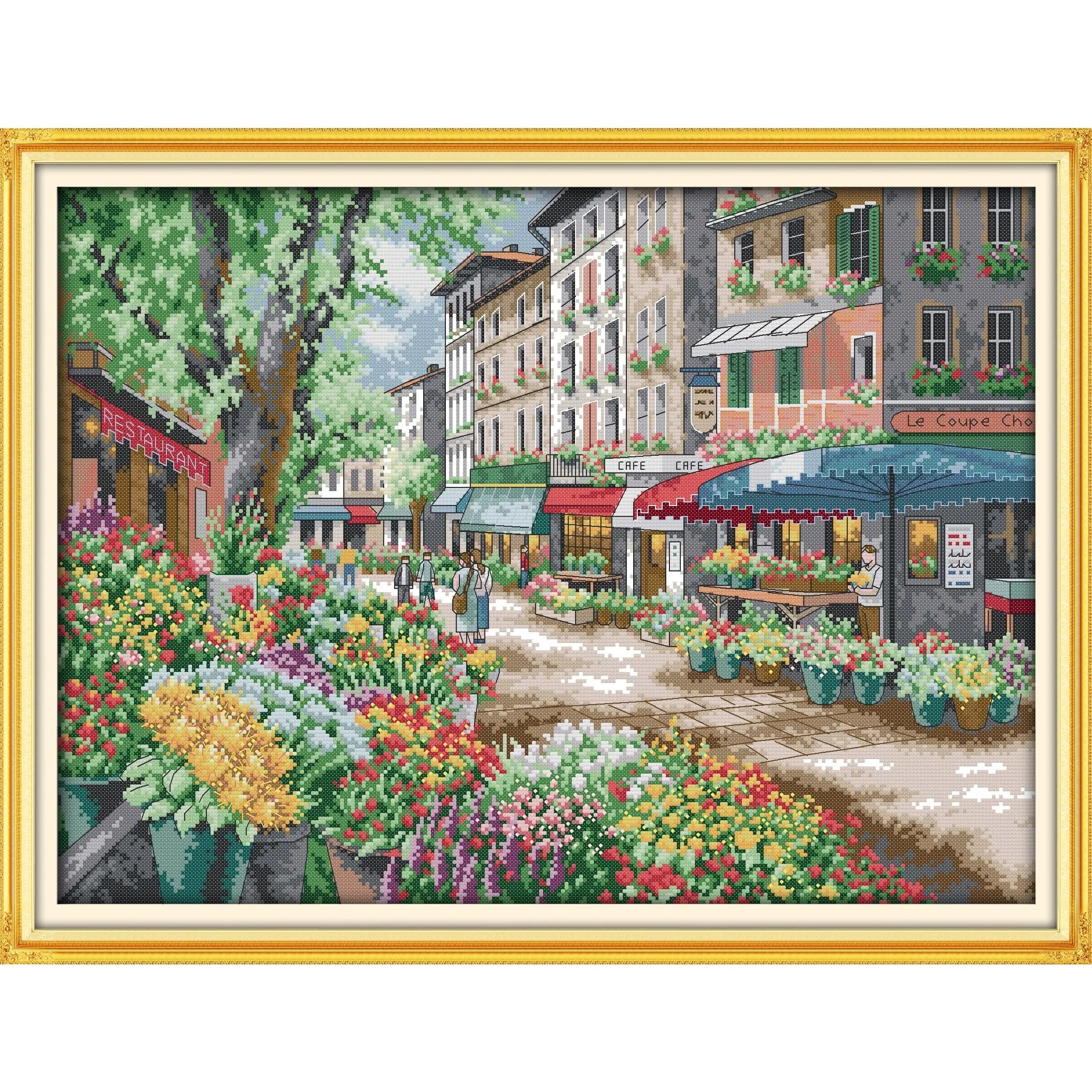 News Pre-Printed Cross Stitch Kit, Stamped Aida Fabric With DMC Threads, Embroidery Kit - Paris Flower Market