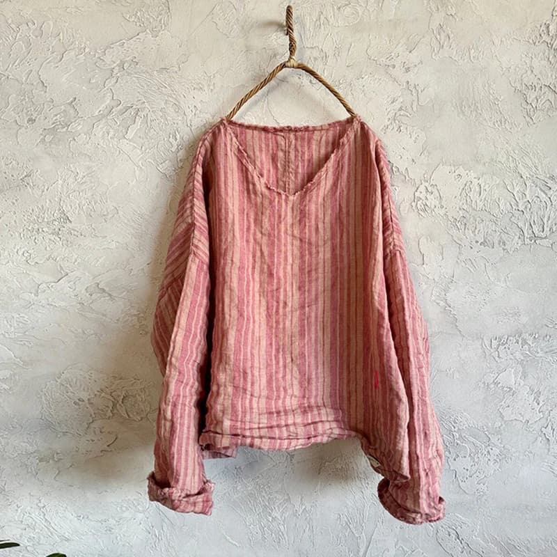 Women Long Sleeve Cotton Linen T-shirts New Arrival 2025 Spring Vintage Style V-neck Striped Loose Female Casual Tops Tees M1004