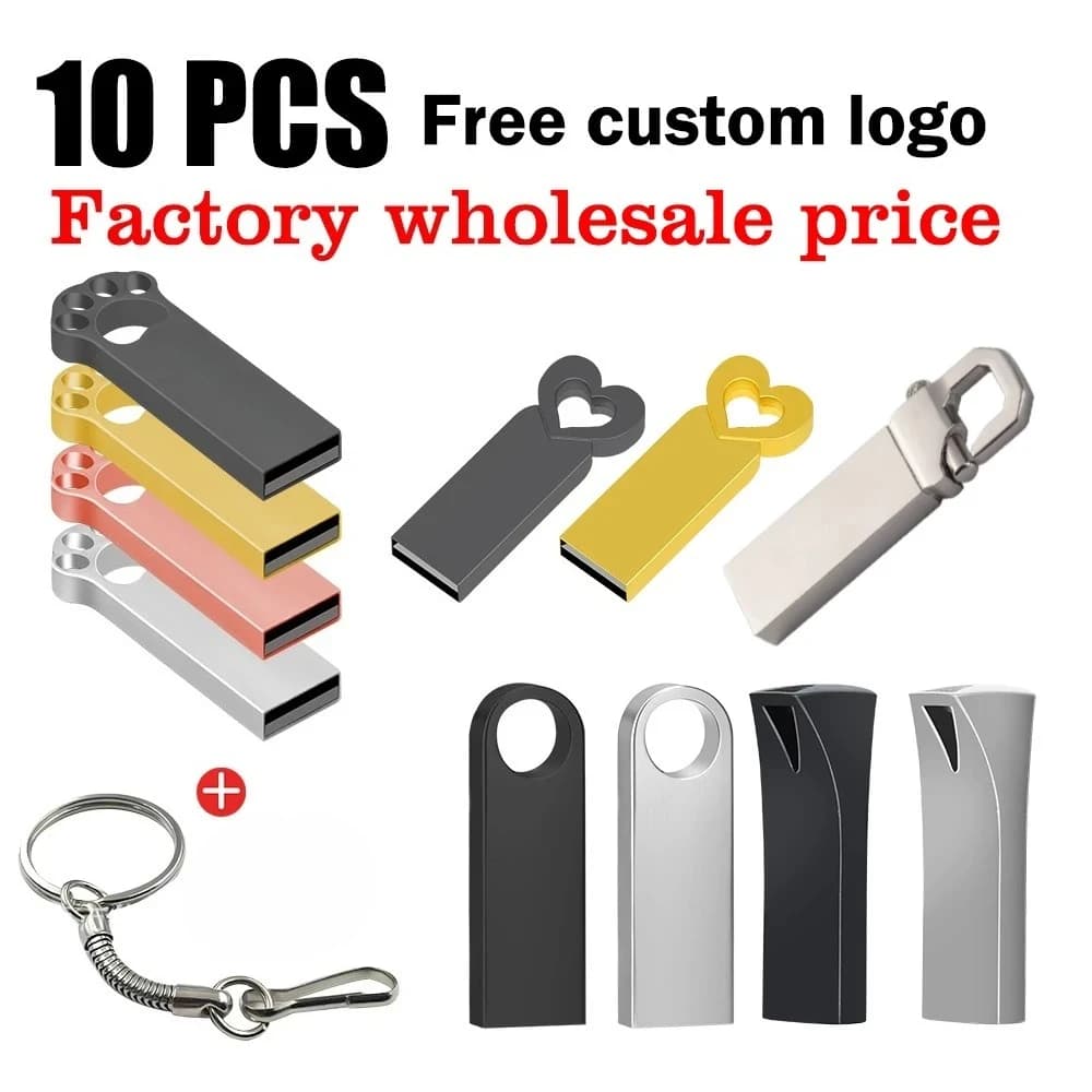 10PCS Pen Drive in metallo 64GB 128GB Logo gratuito Chiavetta USB 32GB Flash Disk 16GB 8GB 4GB 2GB 1GB Memory Stick 512MB Logo gratuito usb