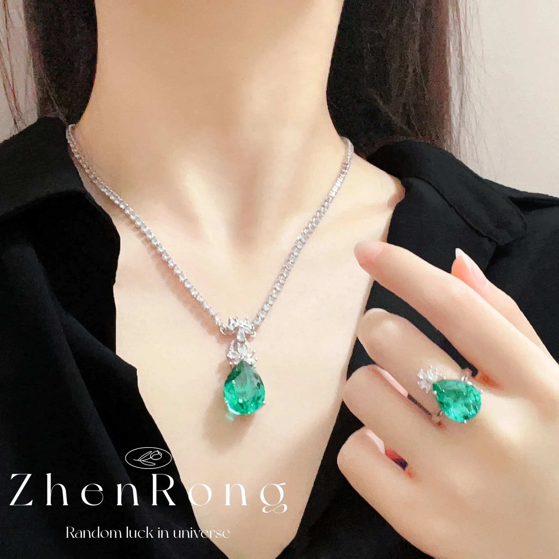 S925sterlingsilver necklace pendant necklace light luxury colored treasure earrings retro set chain women's ring temperament set