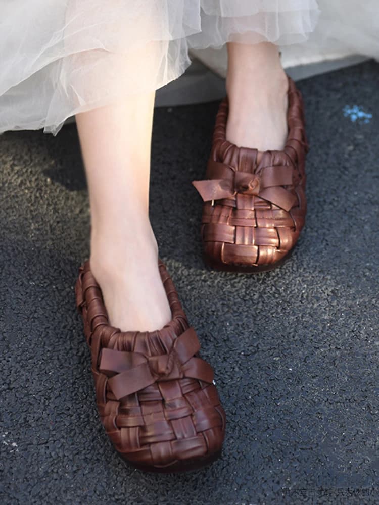 Artmu Original Weave Flats Bow Shoes For Women Slip On Loafers Round Head Shoes Spring Luxury Genuine Leather Soft Soles Shoes