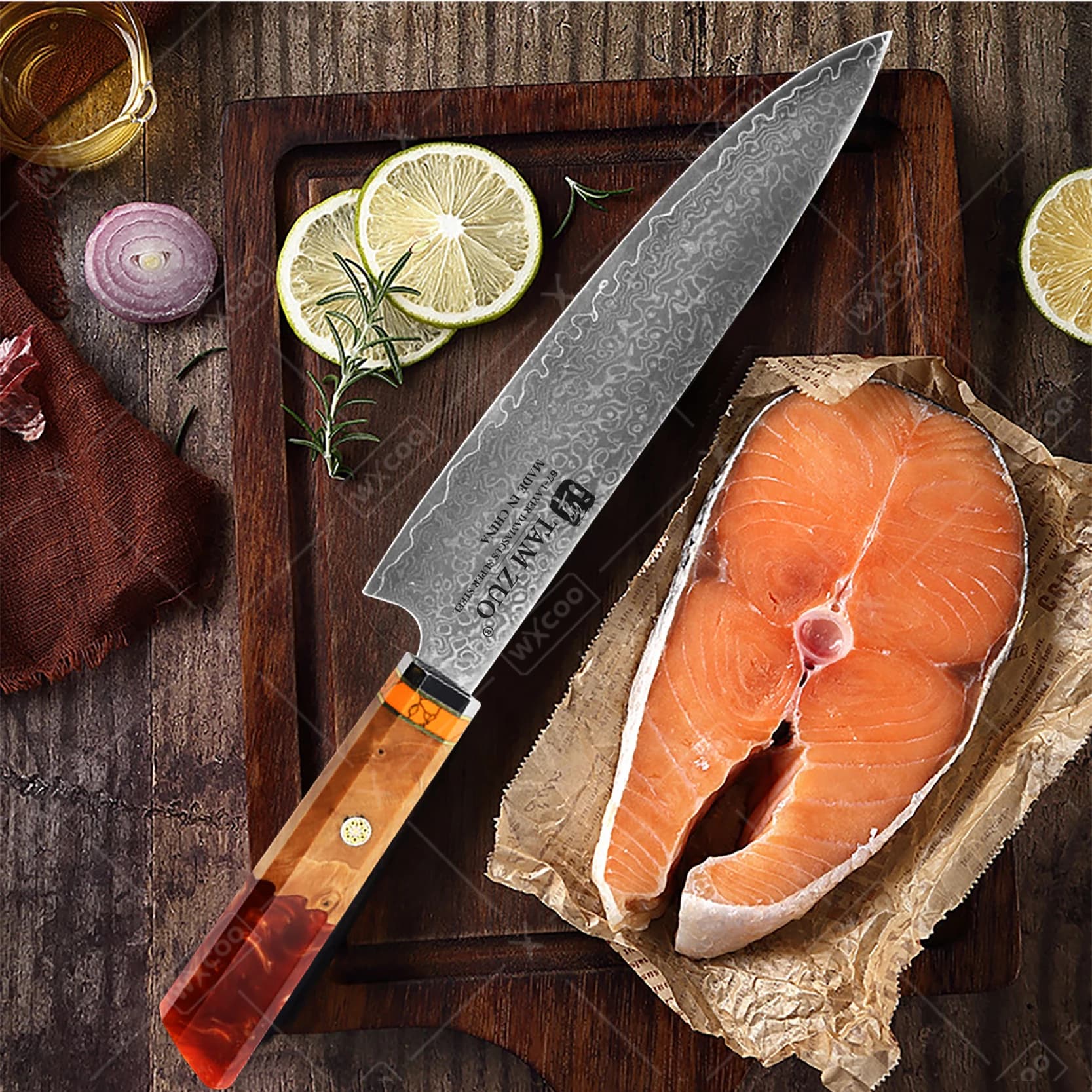 TAMZUO Coltello da cucina Damasco Mannaia da chef Coltelli da cucina Accessori per carne Verdure Pesce Coltello da chef professionale