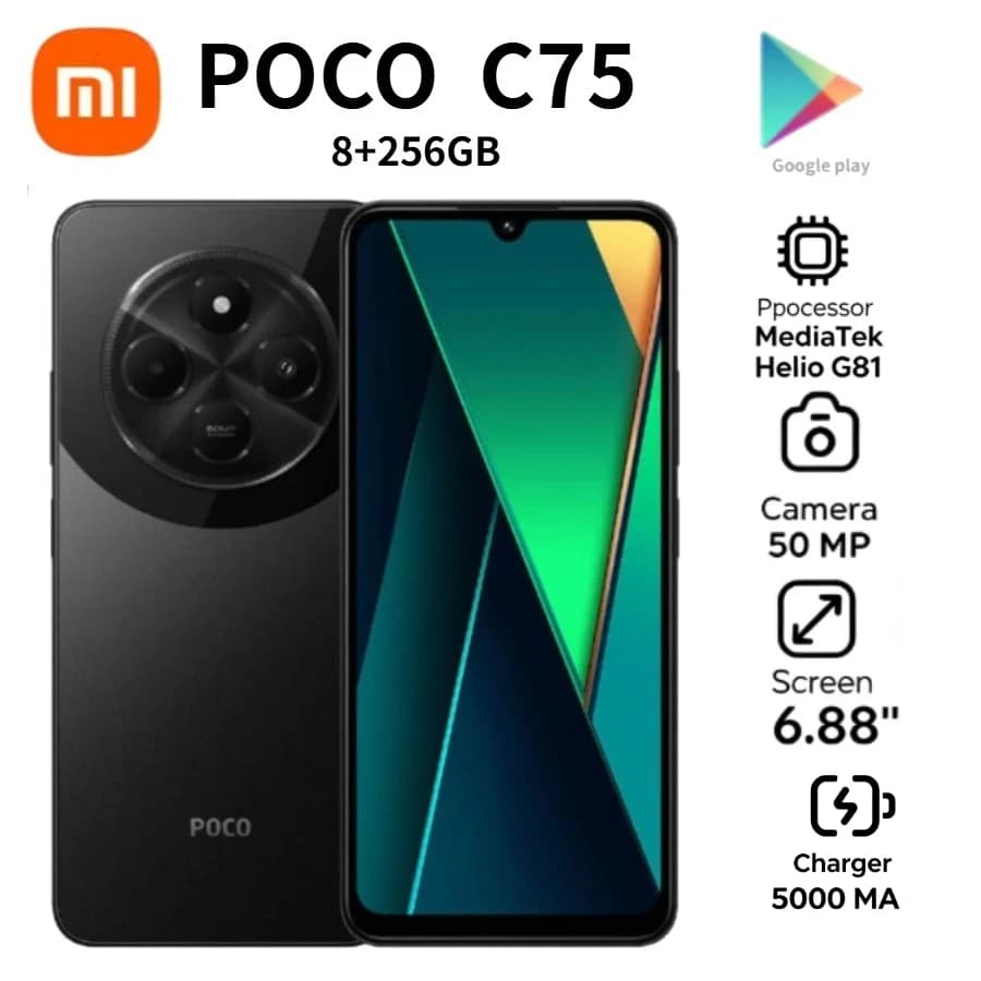 2026 Newest POCO C75 Global Unlocked Android Phone 6.88 Inch 120Hz Smooth Display 8GB RAM 256GB Storage Large 5160mAh Battery